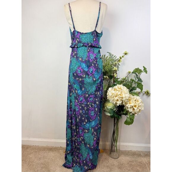 Spell * Peacock Floral Viscose Maxi Slip Dress Purple Teal Boho Ruffle | Large - Picture 10 of 14